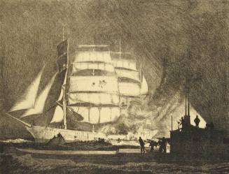 No. 62 "Maintaining Export Trade: The ship is being shelled by a U-boat" [From 'The Great War: Britain's Efforts And Ideals shown in a series of lithographic prints: 'Transport by Sea' series]
