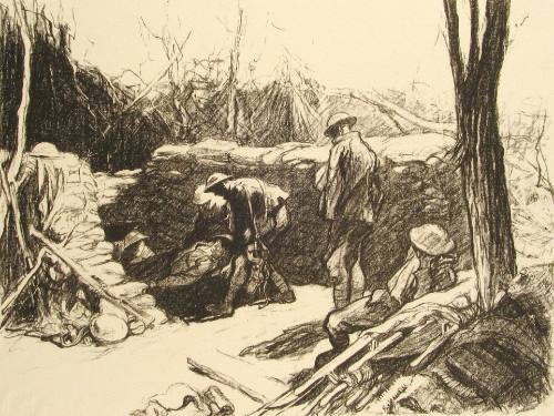 No. 49 "Advanced Dressing in France" [From 'The Great War: Britain's Efforts And Ideals shown in a series of lithographic prints: 'Tending the Wounded' series]