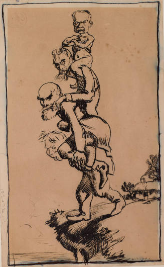 Caricature (d) [The artist on brink of precipice carrying Michael Davitt, William O'Brien, and Lord MacDonnell on his back] (Enough)