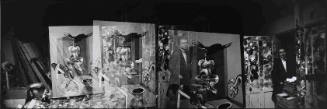 Double-exposure of Francis Bacon with center panel of TRIPTYCH in his studio at 7 Reece Mews