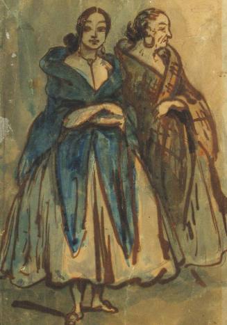 Spanish Types (c) [Young woman full length - in short dress - blue deeply scalloped over-dress.  An older woman futher back]