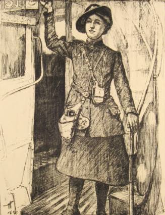 No. 57 "In the Towns: A 'bus conductress" [From 'The Great War: Britain's Efforts And Ideals shown in a series of lithographic prints: 'Women's Work' series]