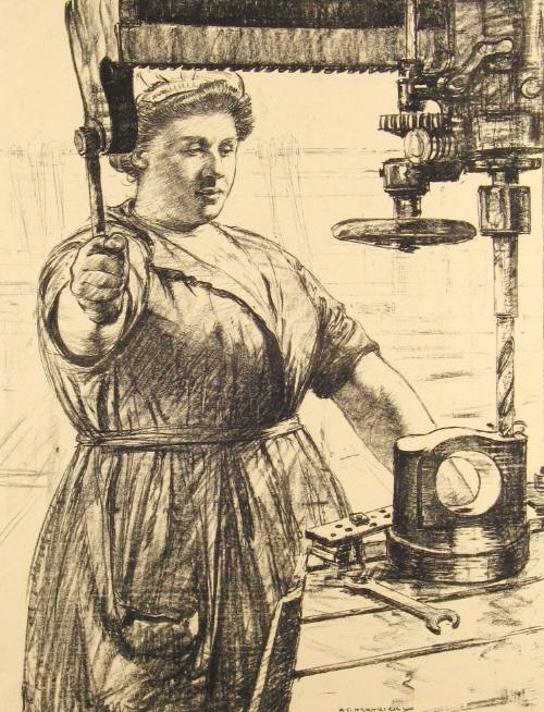 No. 60 "On Munitions: Heavy work (Drilling a casting)" [From 'The Great War: Britain's Efforts And Ideals shown in a series of lithographic prints: 'Women's Work' series]