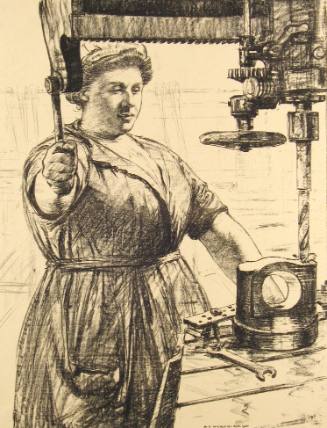 No. 60 "On Munitions: Heavy work (Drilling a casting)" [From 'The Great War: Britain's Efforts And Ideals shown in a series of lithographic prints: 'Women's Work' series]