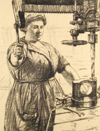 No. 60 "On Munitions: Heavy work (Drilling a casting)" [From 'The Great War: Britain's Efforts And Ideals shown in a series of lithographic prints: 'Women's Work' series]